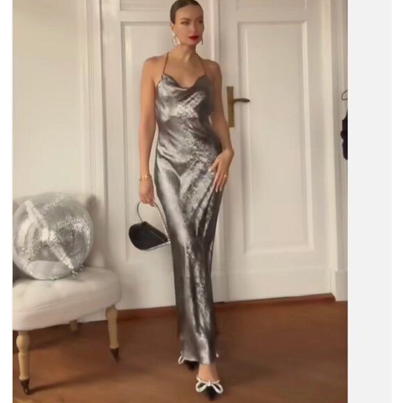 ZARA NEW WOMAN SILVER SATIN EFFECT SLIP DRESS Size L REF:8496/746 - Picture 4 of 16